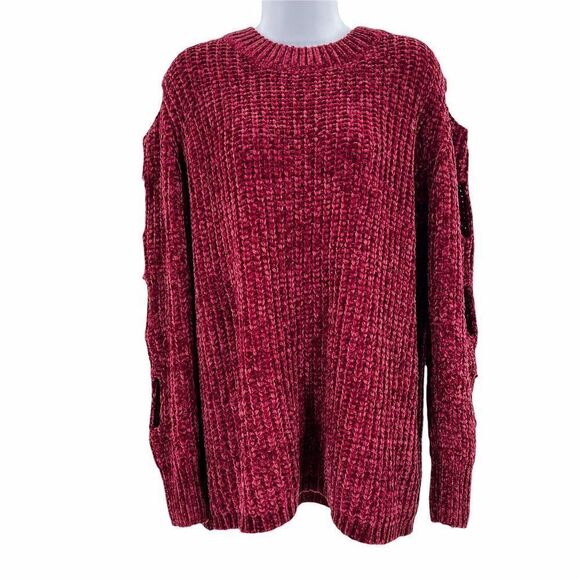 2/$30 Jodifl Cut-Out Cold Shoulder Crewneck Long Sleeve Knit Chenille Sweater - Picture 1 of 10